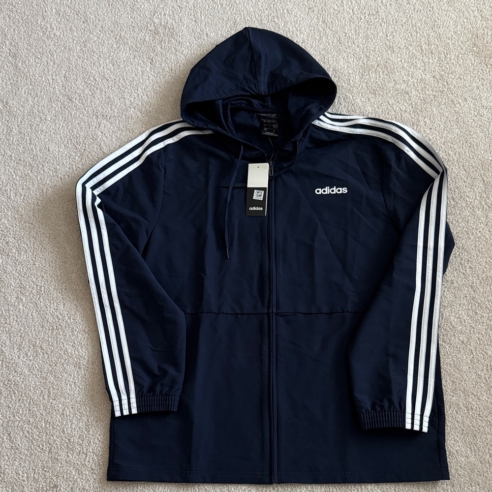 Men’s adidas Navy Hooded Windbreaker with White Stripe Accents